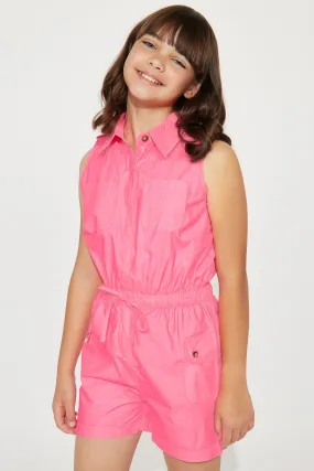 Mini Cargo Poplin Romper - Neon Pink