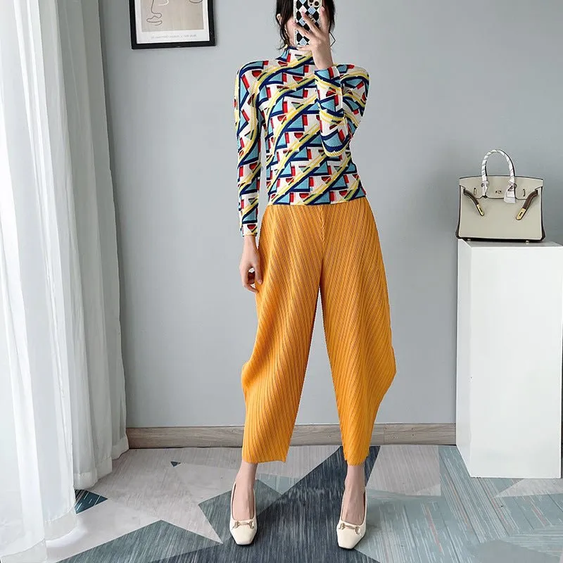 Miyake Pleated Trendy Harem Pants Women's High Waist Loose Plus Size Design Casual Pants