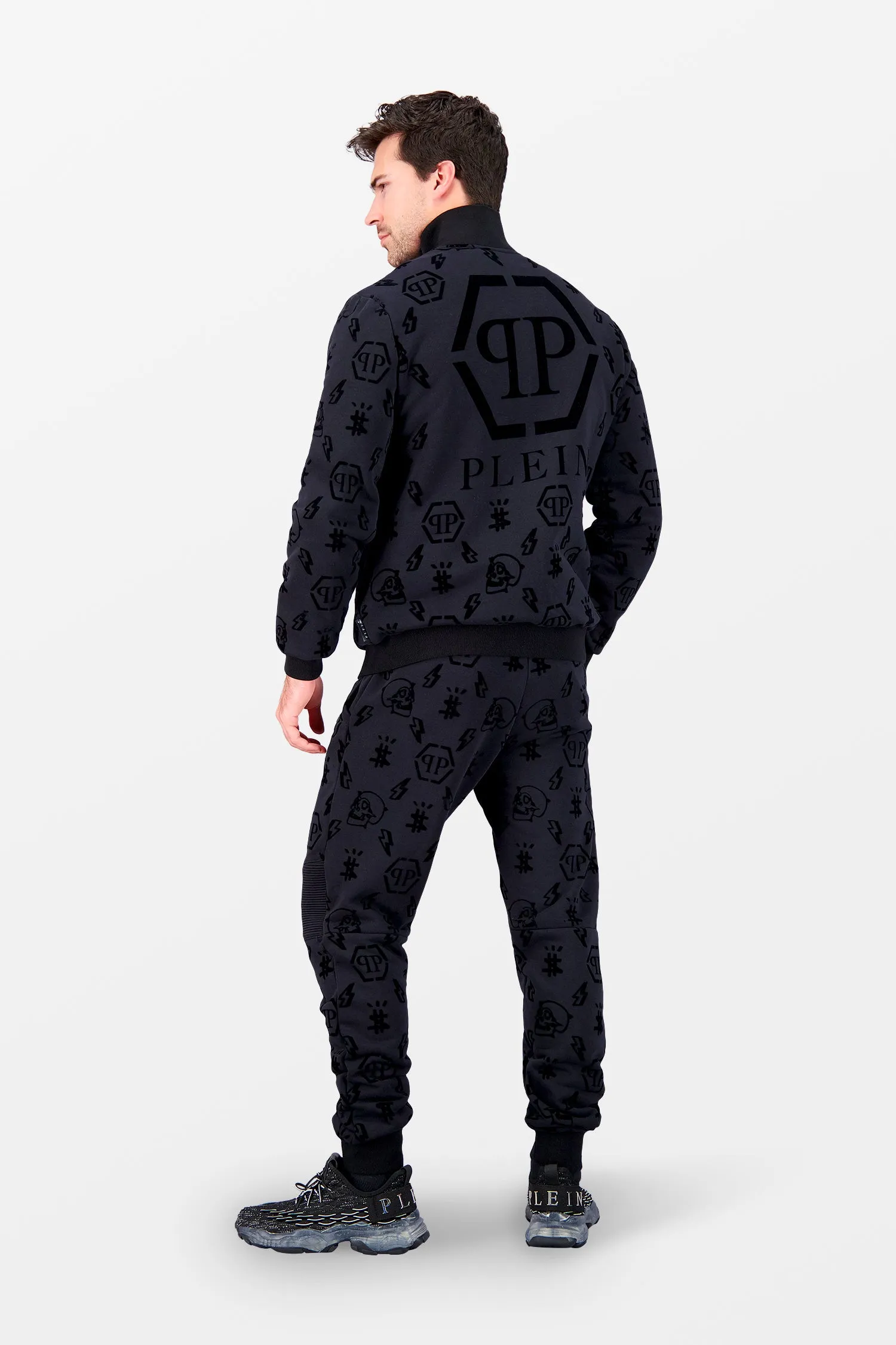 Philipp Plein Black Flock Monogram Jogging Jacket