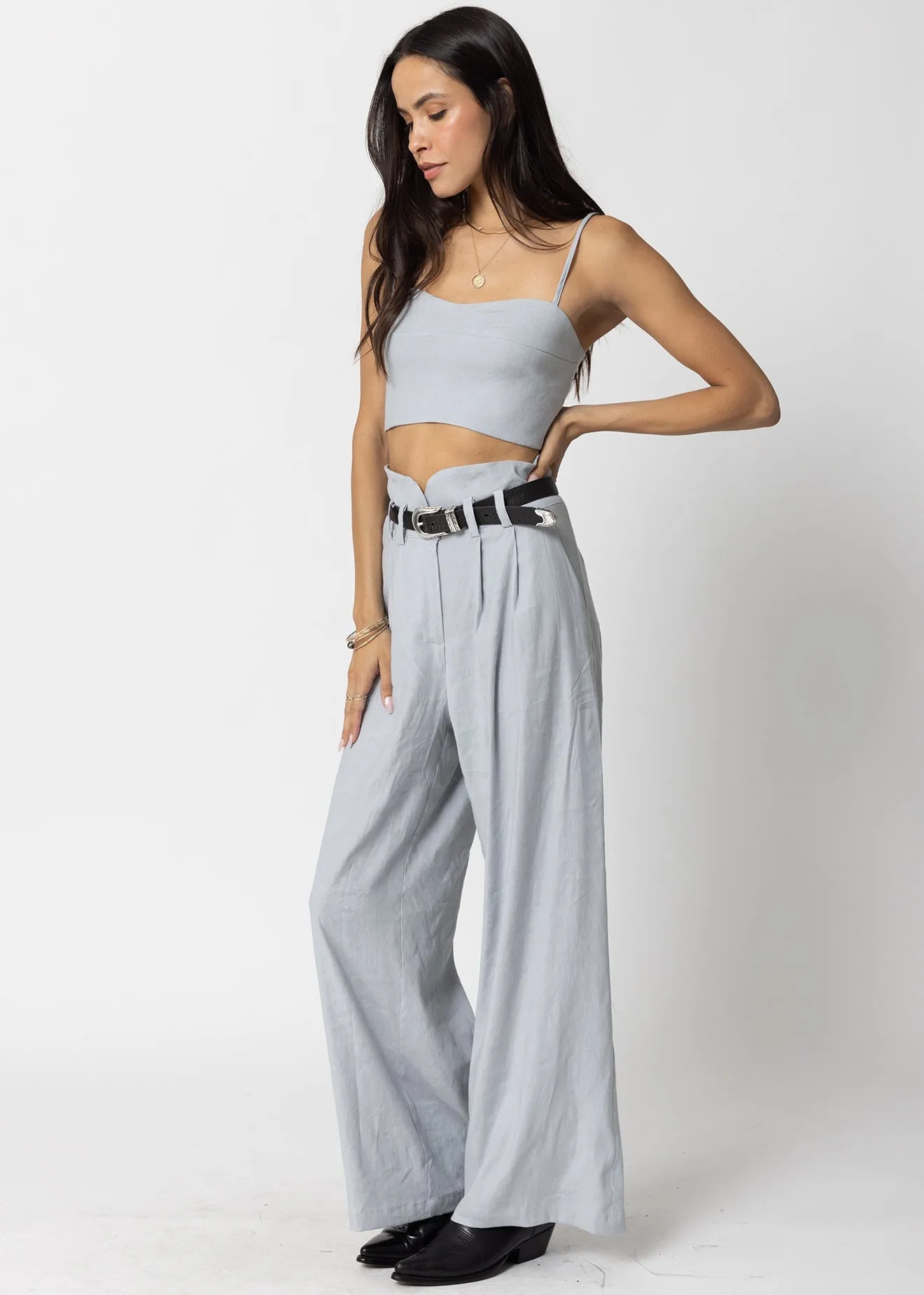 STRETCH LINEN KNOTCH WAIST PANTS