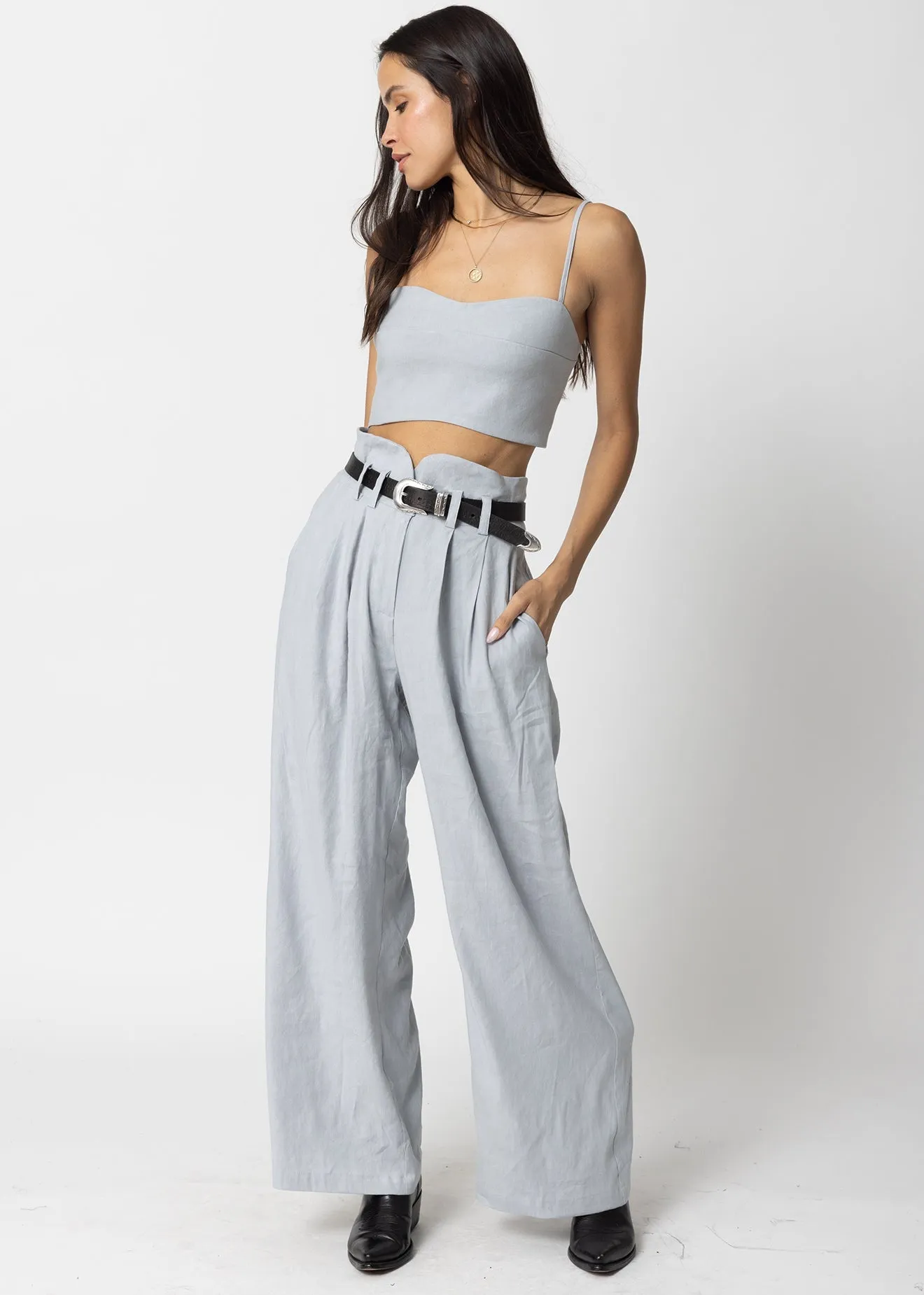 STRETCH LINEN KNOTCH WAIST PANTS