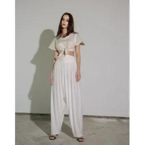 White Modal Jersey Draped Drop Crotch Pant